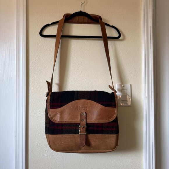 Vintage ORVIS Red Plaid Wool & Brown Leather Men's Crossbody Messenger Bag - Picture 2 of 12